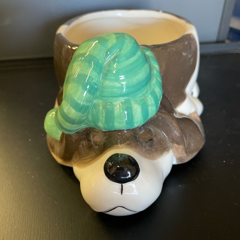 Pier 1 Lazy Sunday Pups Knitted Hat Ceramic Kitchen Sugar Jar? Open Back No Lid